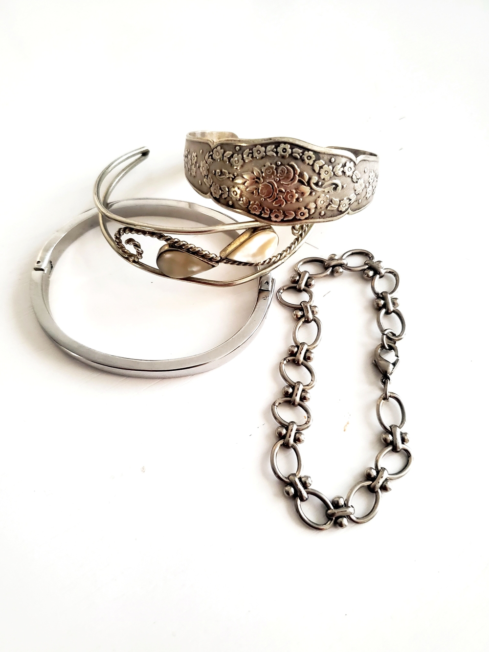 Silver-Tone Mixed Metal Bracelet Set - Floral Cuff & Link Chain - Vintage